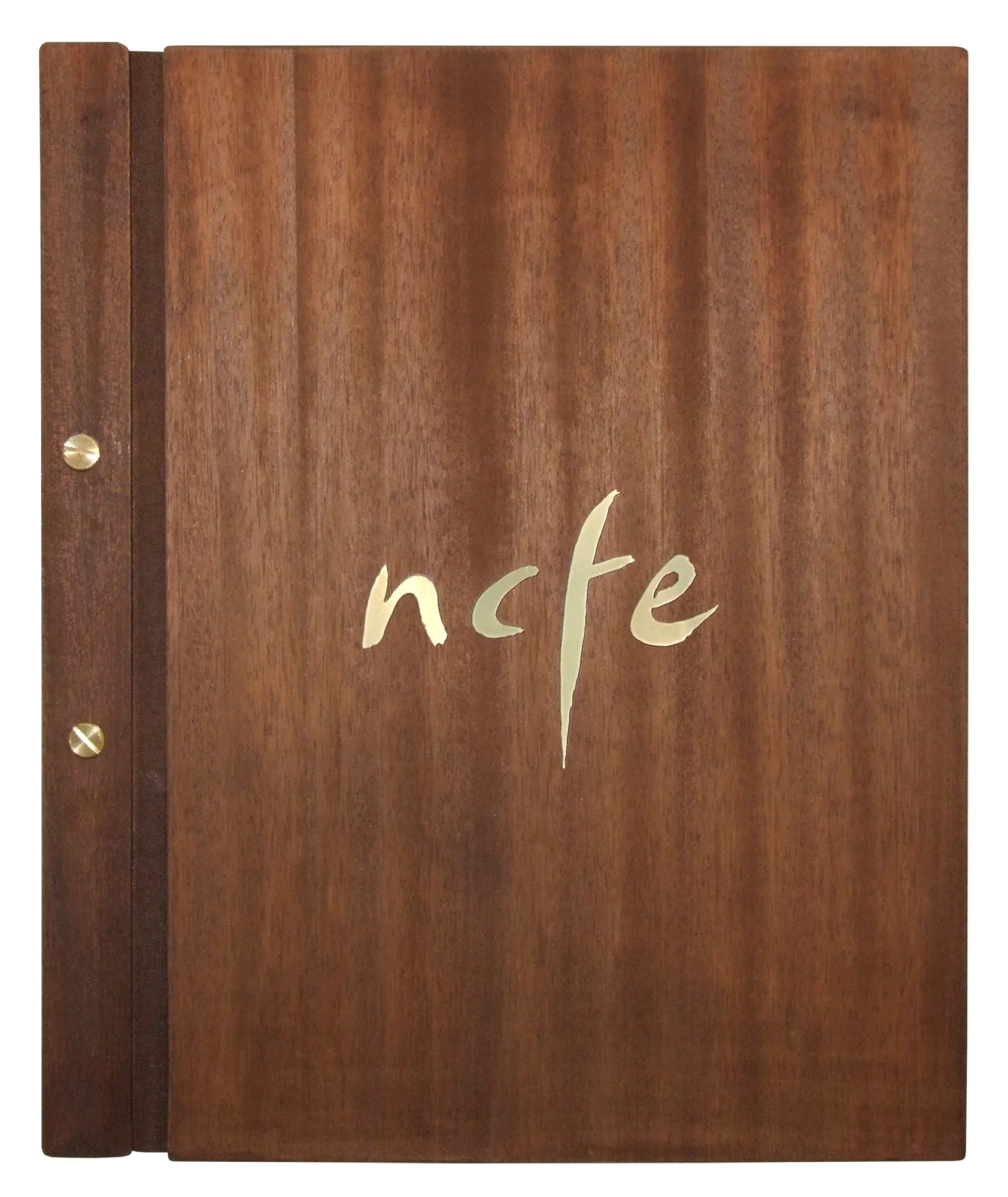 'ncfe' Presentation Folder//Wooden cover featuring signature brass elements.