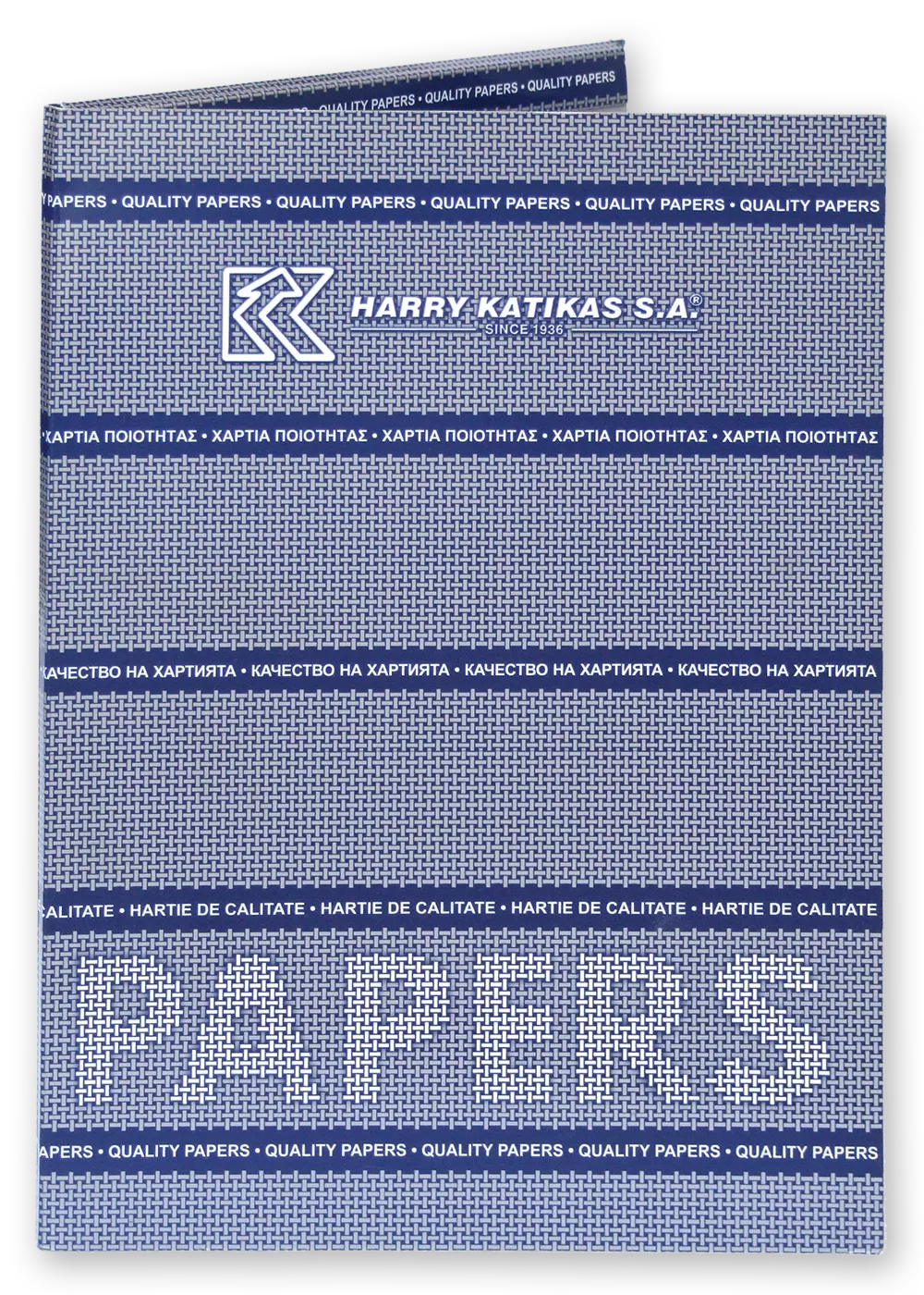 Specialty paper sample folder - closed view//Two-color printing using metallic inks.