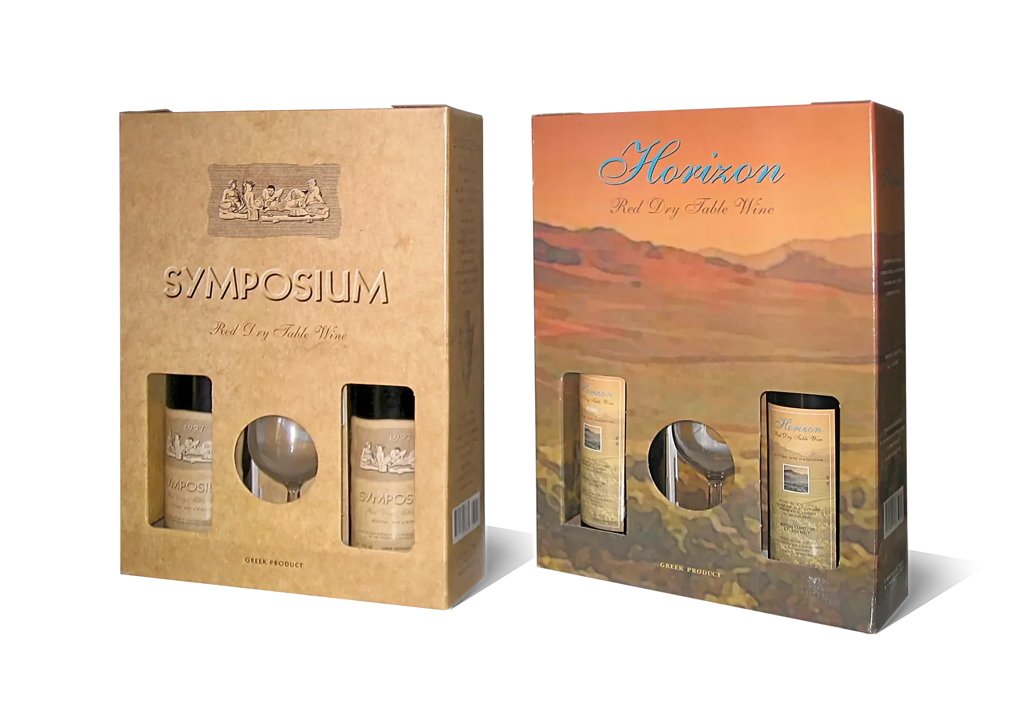 Wine series packaging // Two bottles with a glass, gift set.